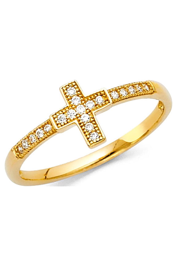 Solid 14k Yellow Gold Cross Ring CZ Religious Band Beaded Design Stylish Pave Set Polished Fancy, Size 7