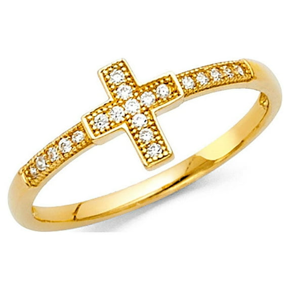 Solid 14k Yellow Gold Cross Ring CZ Religious Band Beaded Design Stylish Pave Set Polished Fancy, Size 9