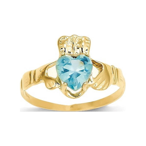 Solid 14k Yellow Gold December Simulated Birthstone Claddagh Ring (2mm) - Size 7