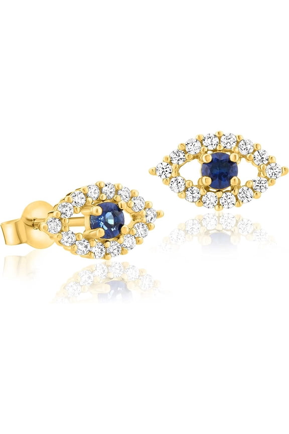 Solid 14k Yellow Gold Evil Eye Dainty Stud Earrings with Sparkling Cubic Zirconia