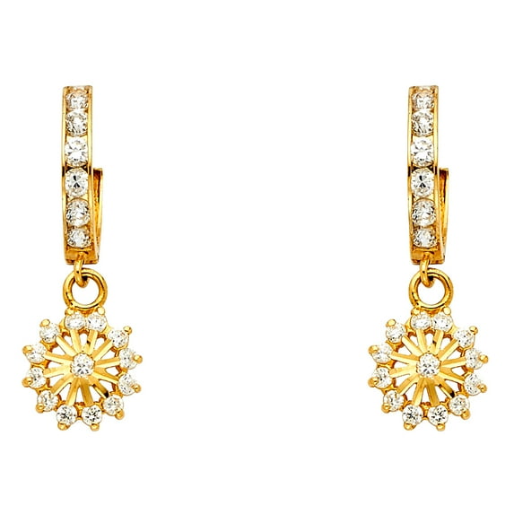 Solid 14k Yellow Gold Flower Dangle Earrings Huggie Hoops Floral Drops Stylish Polished Fancy 28 x 5 mm
