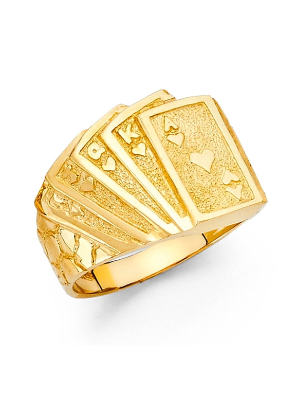 Solid 14k Yellow Gold Flush Of Hearts Poker Ring Lucky Charm Nugget Band Genuine Men 15MM Size 9
