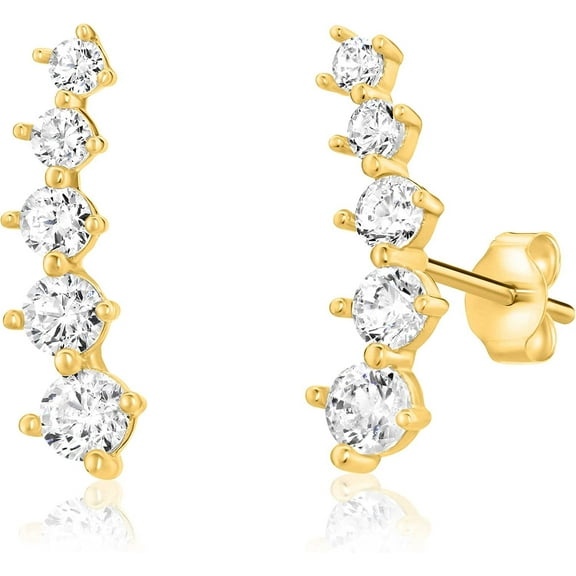 Solid 14k Yellow Gold Graduated Crawler Curved Bar Climber Five Stone Stud Earrings