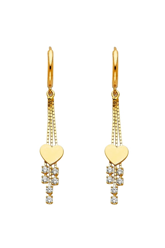 Solid 14k Yellow Gold Heart Dangle Earrings Huggies w/ Chain CZ Drop Style Fashion Polished Fancy 30 mm