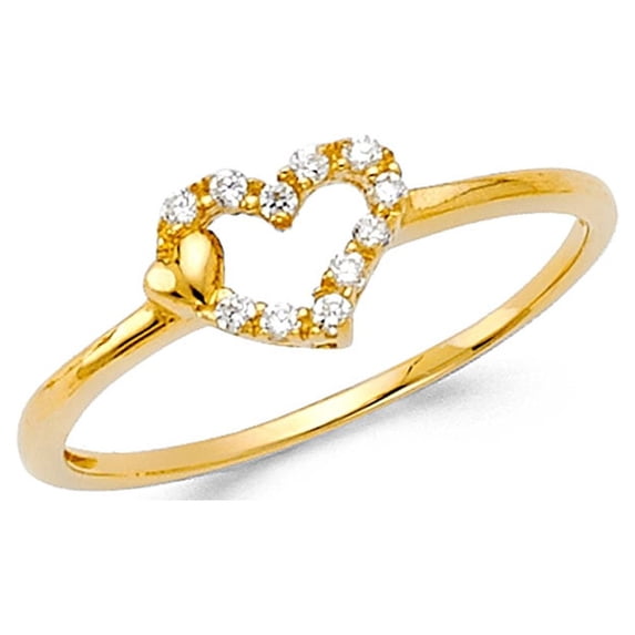 Solid 14k Yellow Gold Heart Ring CZ Two Hearts Love Band Right Hand Stylish Open Design Fancy, Size 6.5