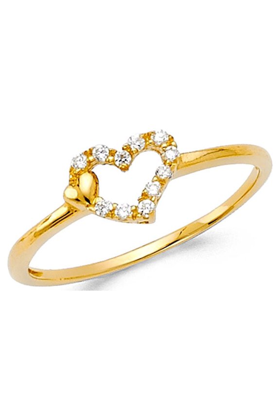 Solid 14k Yellow Gold Heart Ring CZ Two Hearts Love Band Right Hand Stylish Open Design Fancy, Size 9