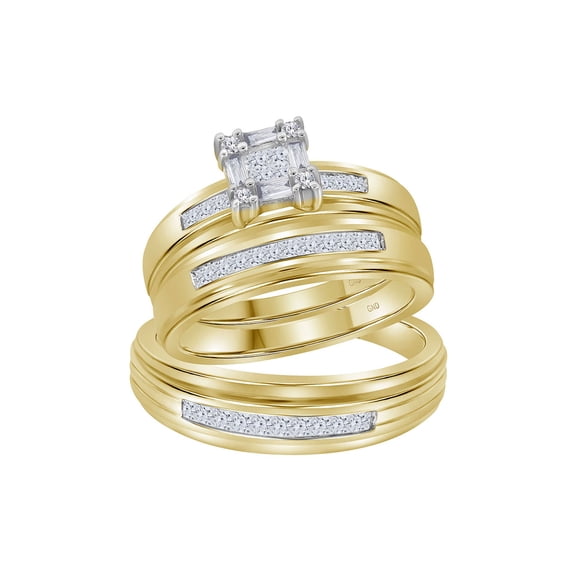 Solid 14k Yellow Gold His and Hers Princess Cut Diamond Cluster Matching Couple Three Rings Bridal Engagement Ring Wedding Bands Set 5/8 Ct. - (L = 7, M = 10.5)