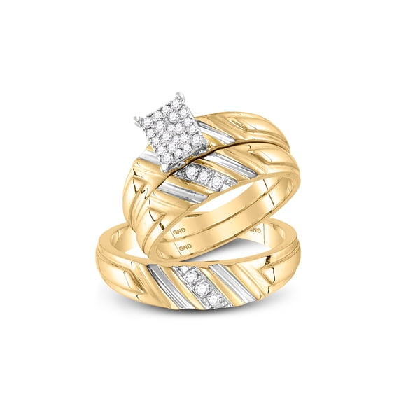 Solid 14k Yellow Gold His and Hers Round Diamond Cluster Matching Couple Three Rings Bridal Engagement Ring Wedding Bands Set 1/4 Ct. - (L = 8, M = 11.5)