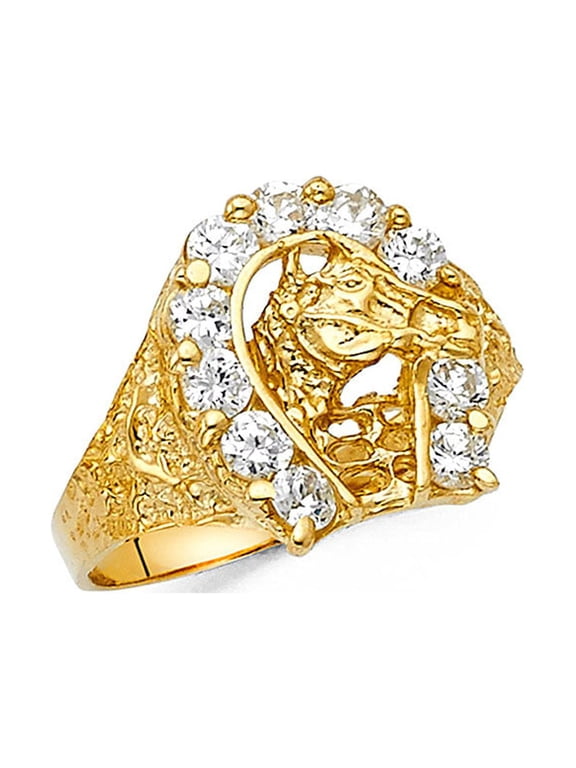 Solid 14k Yellow Gold Horseshoe Horse Head Ring Good Luck Band CZ Nugget Style Mens Fancy Size 9.5
