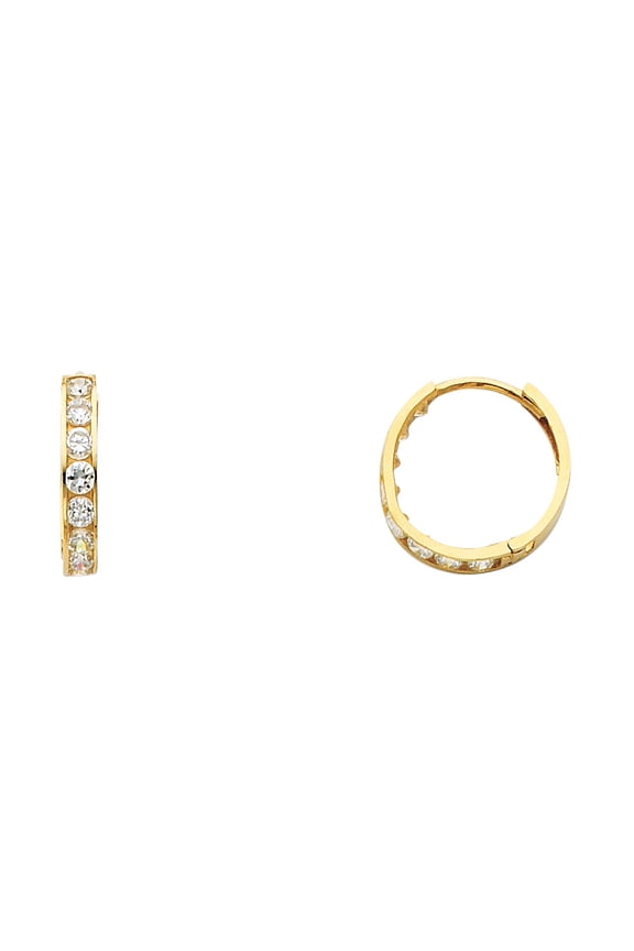 Solid 14k Yellow Gold Huggie Hoop Earrings CZ Huggies Hoops Round CZ Style Polished Finish Small 14 mm