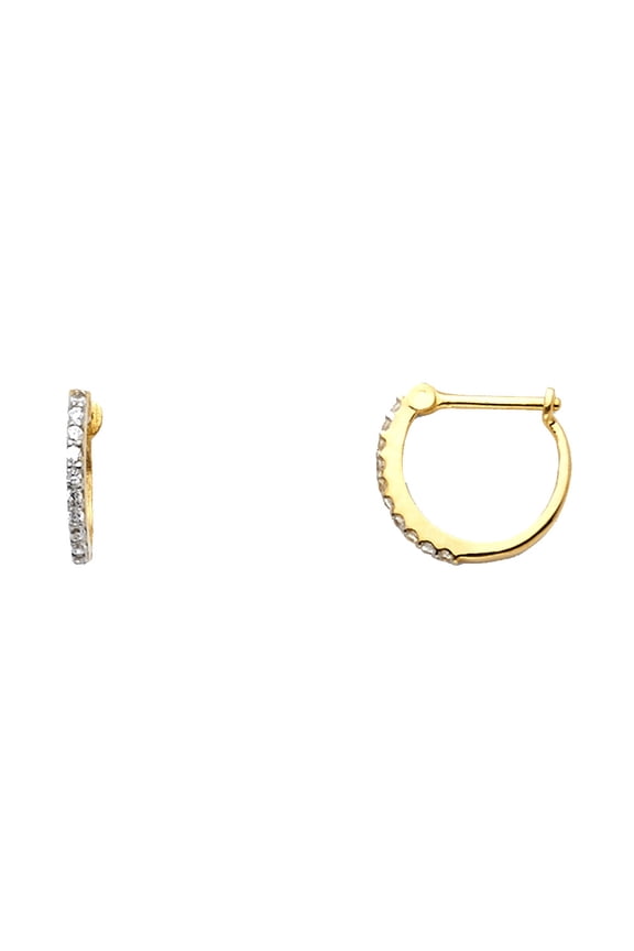 Solid 14k Yellow Gold Huggie Hoop Earrings CZ Huggies Round Pave Set French Lock Fancy Small 12 mm