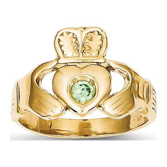 Solid 14k Yellow Gold Imitation Green Stone Claddagh Ring (3mm) - Size 4