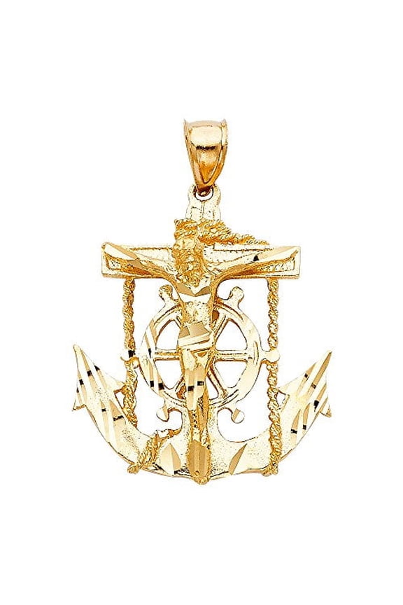 Solid 14k Yellow Gold Jesus Cross Mariner Charm Anchor Crucifix Pendant 6 Sizes (TGDJ-1224)