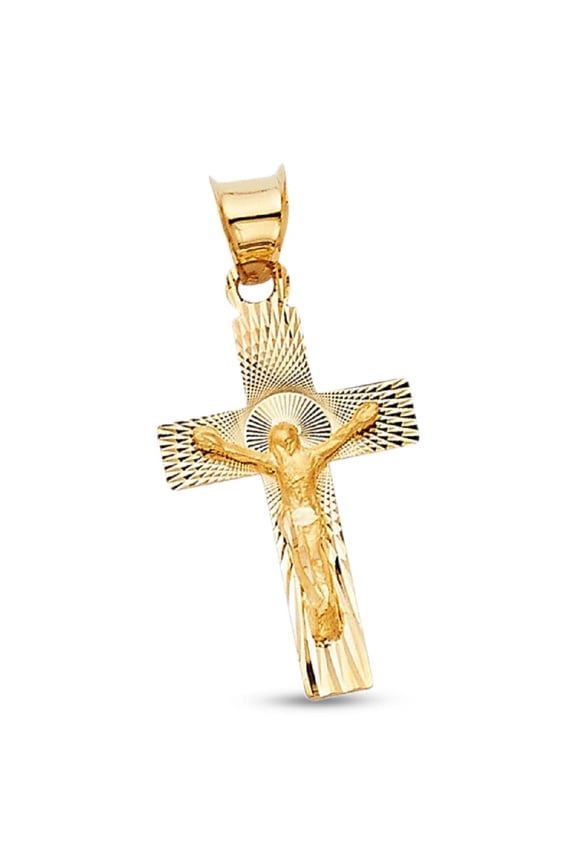 Solid 14k Yellow Gold Jesus Crucifix Pendant Cross Charm Diamond Cut Religious 20 x 13 mm