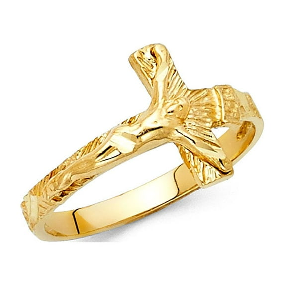 Solid 14k Yellow Gold Jesus Crucifix Ring Religious Cross Charm Diamond Cut Style Polished 13MM Size 7