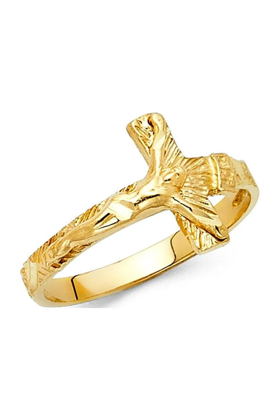 Jesus Crucifix Ring Solid 14k Yellow Gold Religious Cross Charm Diamond Cut Style Polished 13MM, Size 9