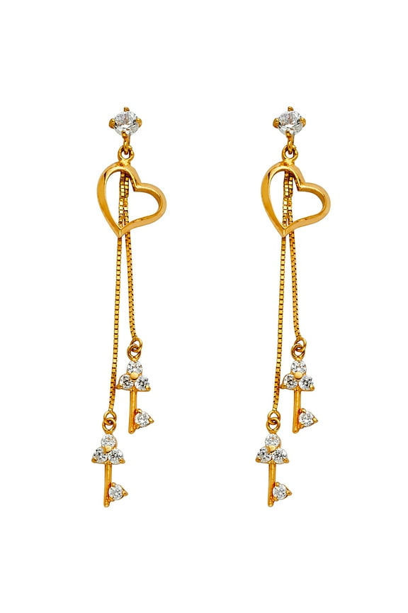 Solid 14k Yellow Gold Key To My Heart Dangle Earrings Heart CZ Keys Drop Style w/ Chain Fancy 45 mm