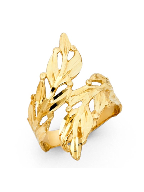Solid 14k Yellow Gold Leaf Ring Curved Band Polished Finish Diamond Cut Genuine Fancy 28MM, Size 7.5