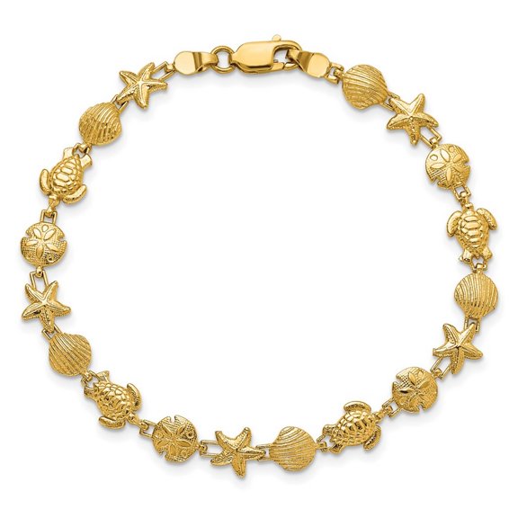 Solid 14k Yellow Gold Lobster Claw Closure 7 Inch 7mm Seashells, Starfish, Sea Turtle and Sand Dollar Bracelet Link Brac