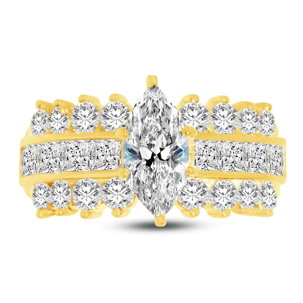 Solid 14k Yellow Gold Marquise Cut Wide Three Row Solitaire Engagement ...