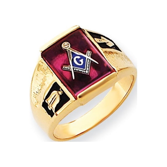Solid 14k Yellow Gold Men's Simulated Ruby Simulated Masonic Ring (13mm) - Size 13