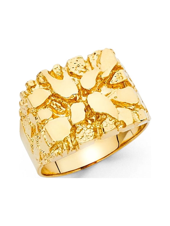 Mens Nugget Ring Solid 14k Yellow Gold Textured Band Diamond Cut Genuine Heavy 15MM, Size 10.5