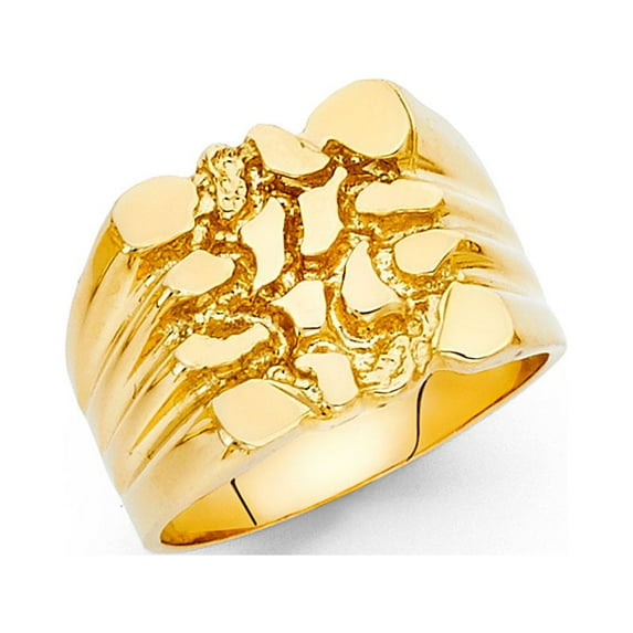Solid 14k Yellow Gold Mens Nugget Ring Textured Band Diamond Cut Genuine Heavy 15MM, Size 11.5