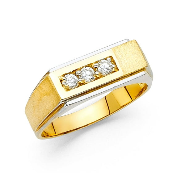Solid 14k Yellow Gold Mens Square Engagement Ring Three Stone Band Round CZ Satin Polished Fancy Size 8