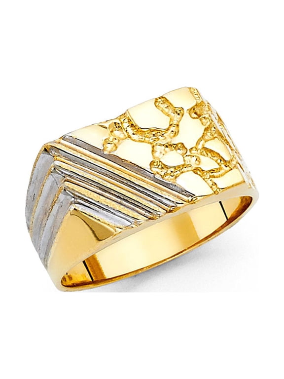 Solid 14k Yellow Gold Mens Square Nugget Ring Band Diamond Cut Textured Large Two Tone 12MM, Size 8.5