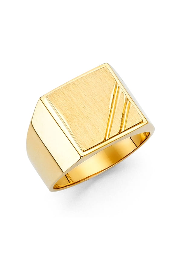 Solid 14k Yellow Gold Mens Square Ring Classic Design Diamond Cut Brushed Finish Genuine 14MM, Size 9.5