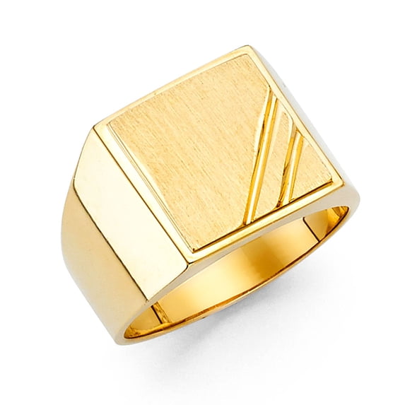 Solid 14k Yellow Gold Mens Square Ring Classic Design Diamond Cut Brushed Finish Genuine 14MM, Size 9