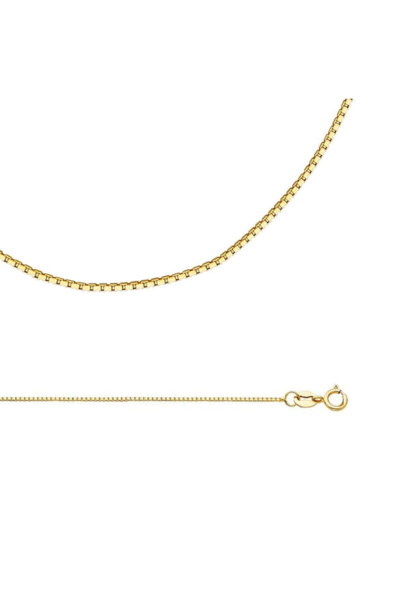 Solid 14k Yellow Gold Necklace Box Chain Plain Square Links Polished Finish Thin , 0.8 mm - 16 inch