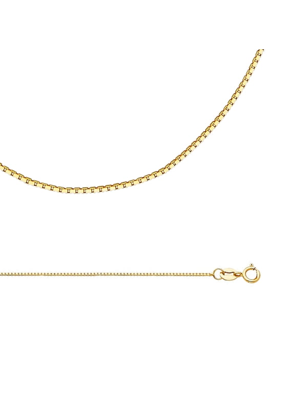 Solid 14k Yellow Gold Necklace Box Chain Plain Square Links Polished Finish Thin , 0.8 mm - 22 inch