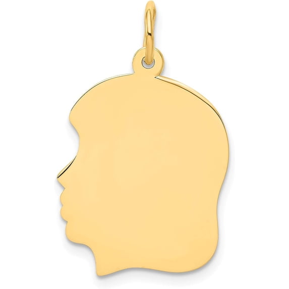 Solid 14k Yellow Gold Plain Medium .013 Gauge Facing Left Engravable Girl Head Charm - 27mm