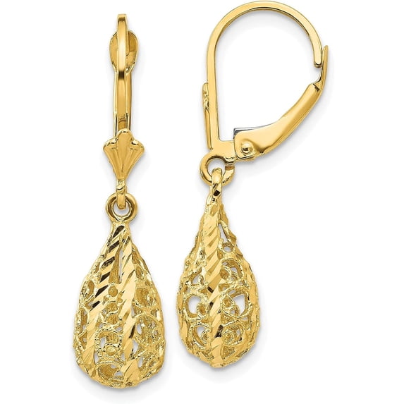 Solid 14k Yellow Gold Polished Diamond-Cut Filigree Dangle Leverback Earrings - 30mm