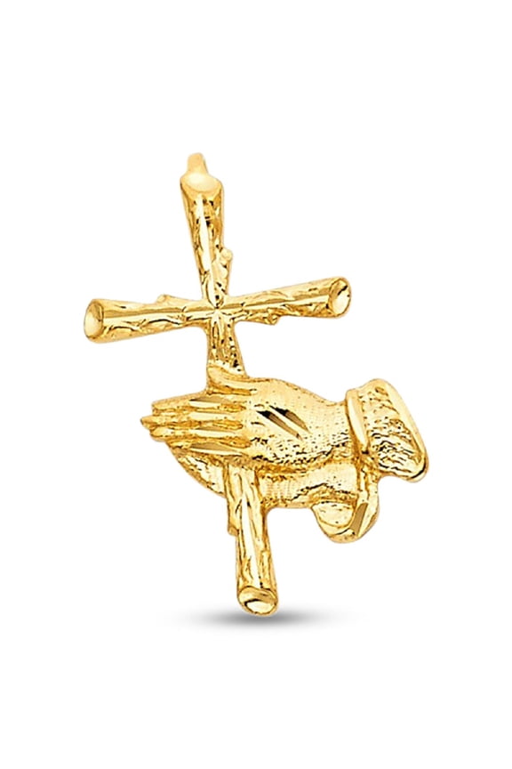Solid 14k Yellow Gold Praying Hands Cross Pendant Religious Charm Christian Design 23 x 14 mm