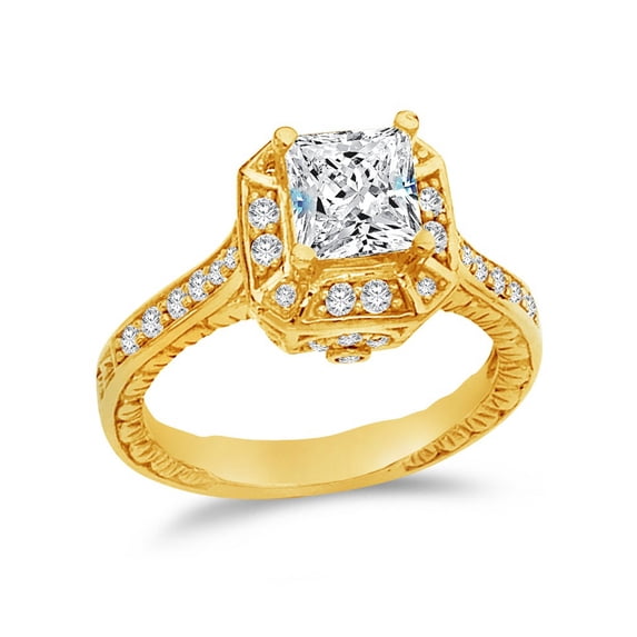 Solid 14k Yellow Gold Princess Cut Halo Wedding Engagement Ring, CZ Cubic Zirconia (1.5 ct.) , Size 9.5