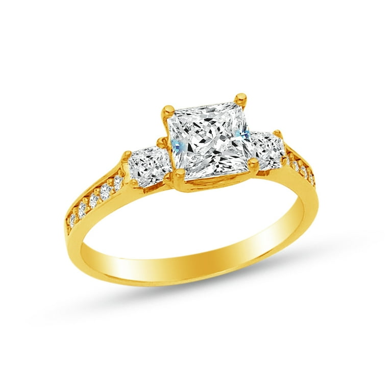 Solid 14k Yellow Gold Princess Cut Three 3 Stone Wedding