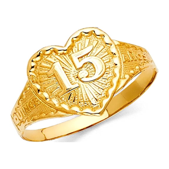 Solid 14k Yellow Gold Quince 15 Anos Heart Ring Band Diamond Cut Design Polished Genuine 12MM Size 7