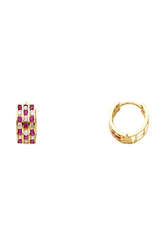 Solid 14k Yellow Gold Red CZ Huggie Hoop Earrings Round CZ Three Row Pave Huggies Polished Small 11 mm