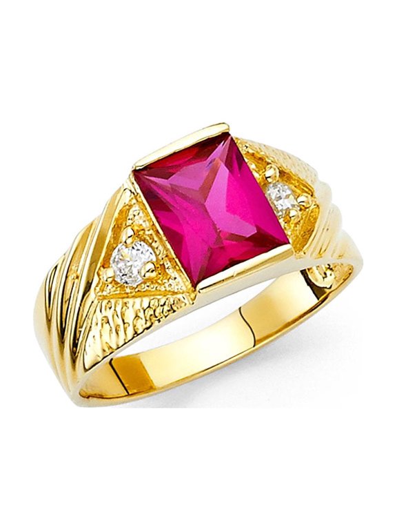 Solid 14k Yellow Gold Red CZ Mens Ring Fashion Band Emerald CZ Stylish Diamond Cut Polished Size 10