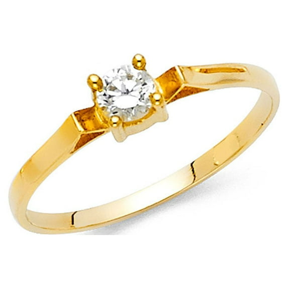 Solid 14k Yellow Gold Ring CZ Fashion Band Small Solitaire Engagement Style Polished Finish Fancy, Size 7.5