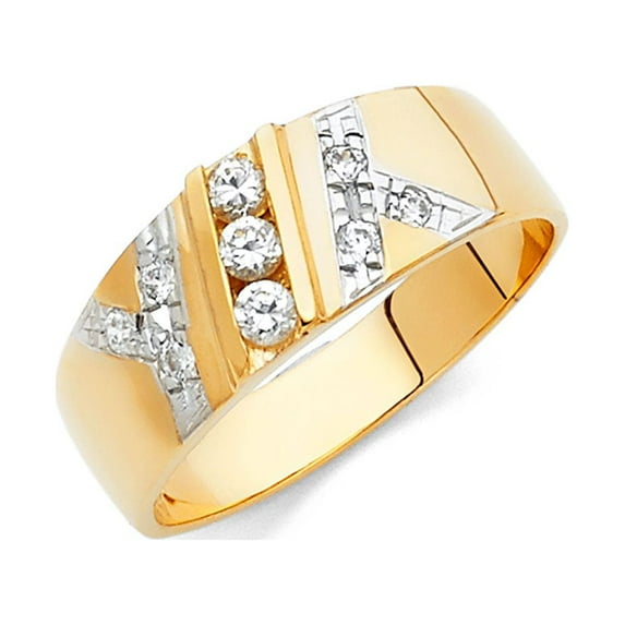 Solid 14k Yellow Gold Ring Round Cubic Zirconia CZ Mens Anniversary Wedding Band Size 7.5
