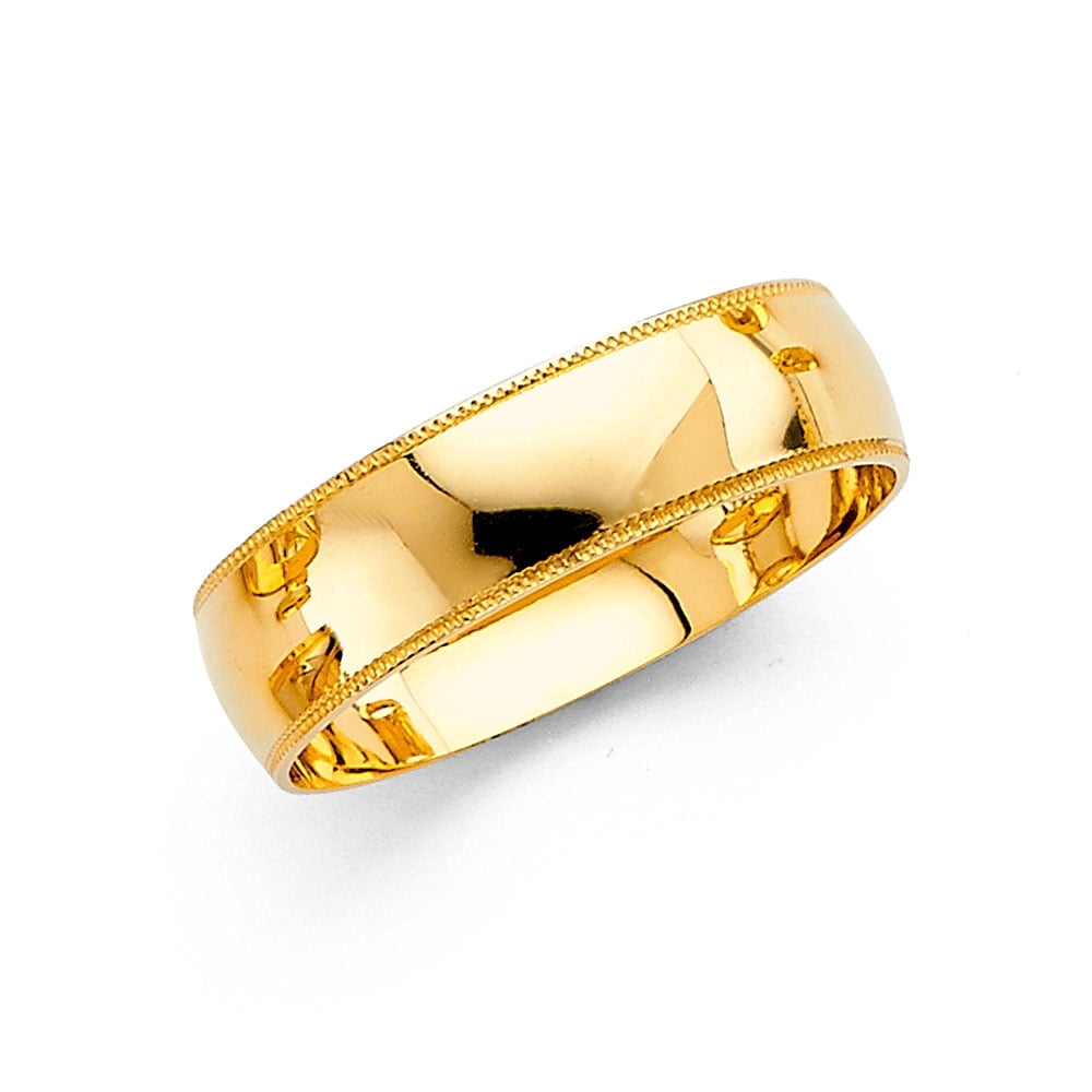 Solid 14k Yellow Gold Ring Wedding Band Milgrain Edges Plain Dome High Polished Style 6 mm, Size 8