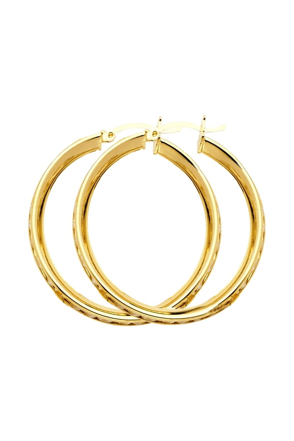 Solid 14k Yellow Gold Round Hoop Earrings Hoops CZ Channel Set French Lock Polished Finish Fancy 30 mm