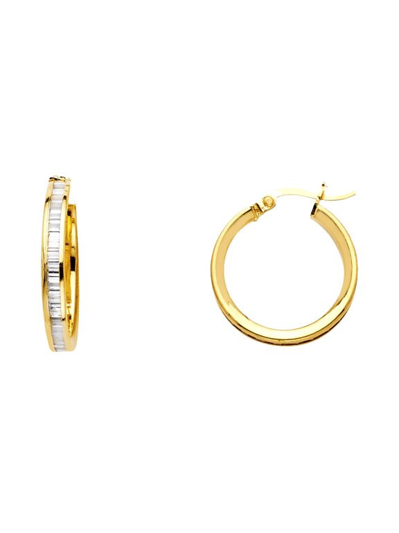 Solid 14k Yellow Gold Round Hoops Earrings Hoop Baguette CZ French Lock Channel Set Style Fancy 15 mm