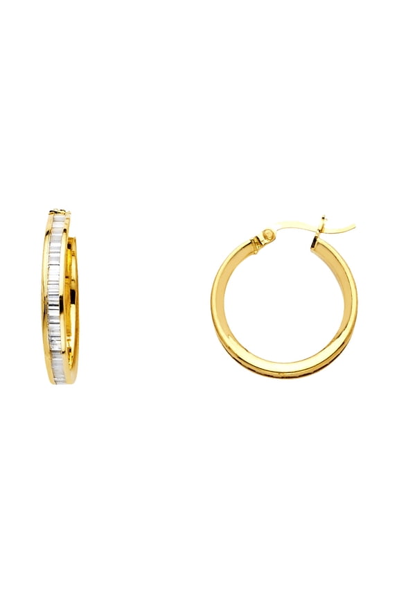 Solid 14k Yellow Gold Round Hoops Earrings Hoop Baguette CZ French Lock Channel Set Style Fancy 15 mm