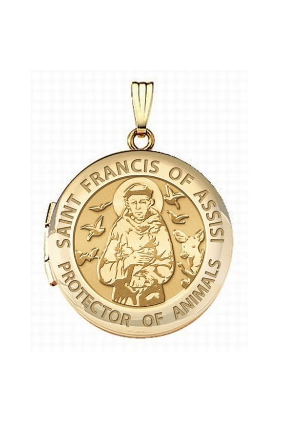Solid 14k Yellow Gold Round "St Francis - Animal Protector" Picture Locket - over 3/4 Inch X 3/4 in