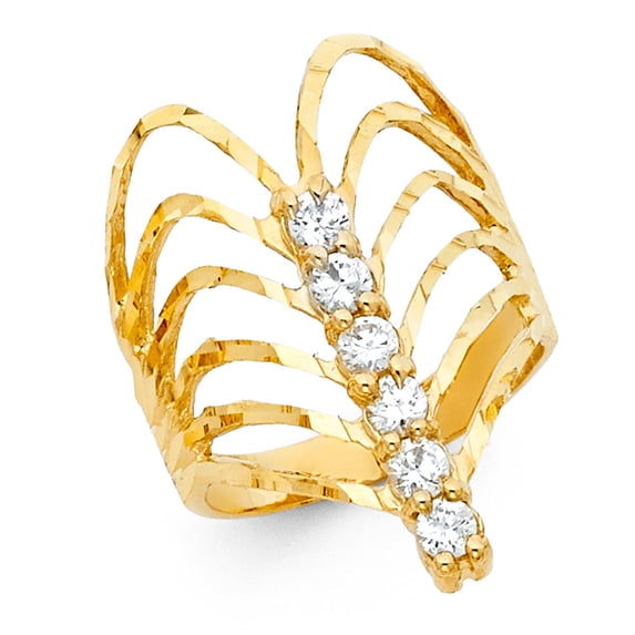 Solid 14k Yellow Gold Semanario Ring CZ Fancy Band Stackable Look Diamond Cut Fashion Style, Size 7