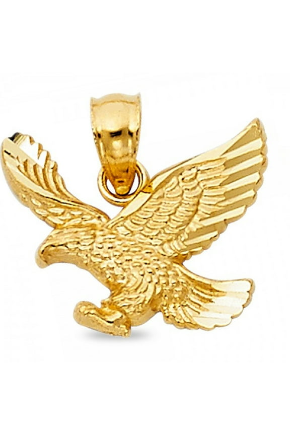 Solid 14k Yellow Gold Small Eagle Charm High Polished Pendant Diamond Cut Genuine Fashion Style New 13 mm x 15 mm